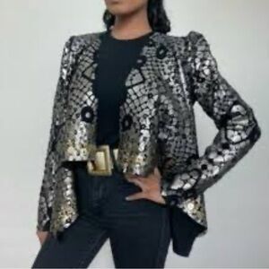 Diane Von Furstenberg Arilette Black Metallic Wool Felt Jacket Draped Size Small